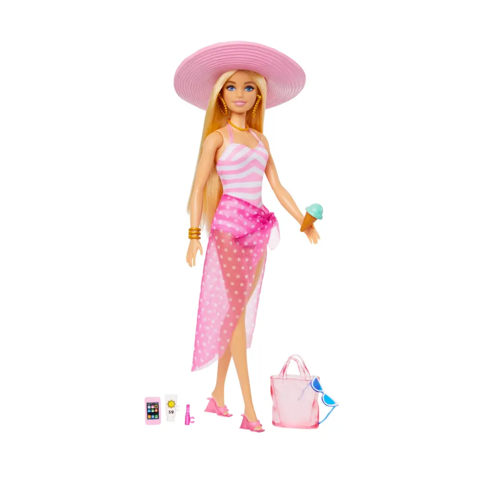 Barbie Bambola Bionda Con Costume Da Bagno Rosa E Bianco, Pareo A Pois, Cappello Da Sole, Tote Bag E Tanti Accessori Da Spiaggia, 3+ Anni, Hpl73