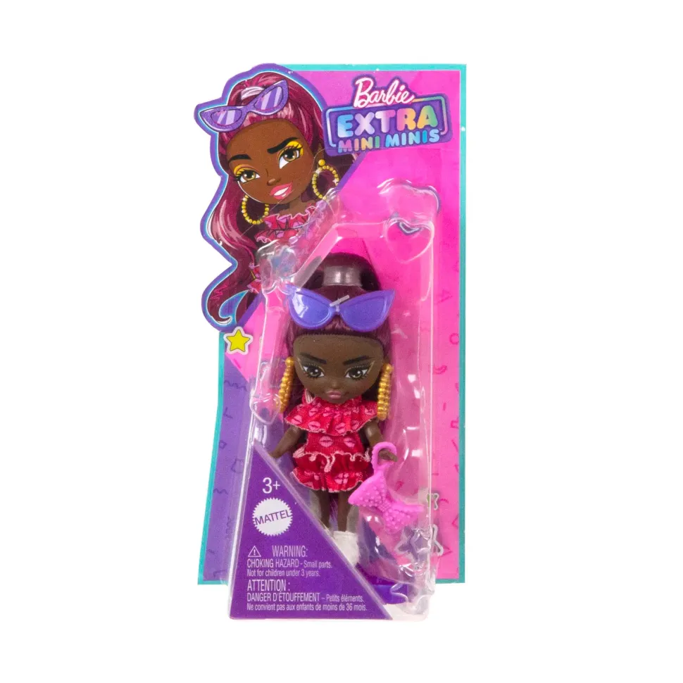 Barbie Barbie Extra Mini Minis, Bambola Con Capelli Bordeaux E Occhiali Da Sole, Abito Rosso Con Volant, Vestiti E Accessori, Giocattolo Per Bambini, 3+ Anni, Hln47