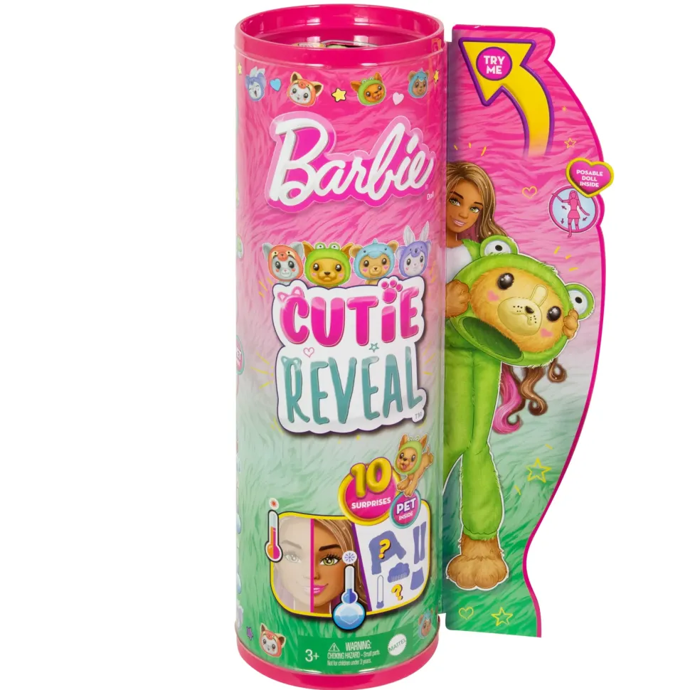 Barbie Cutie Reveal Bambola Con Costume Di Peluche Da Cagnolino-Rana E 10 Accessori A Sorpresa Cambia Colore, Serie Amici Cuccioli