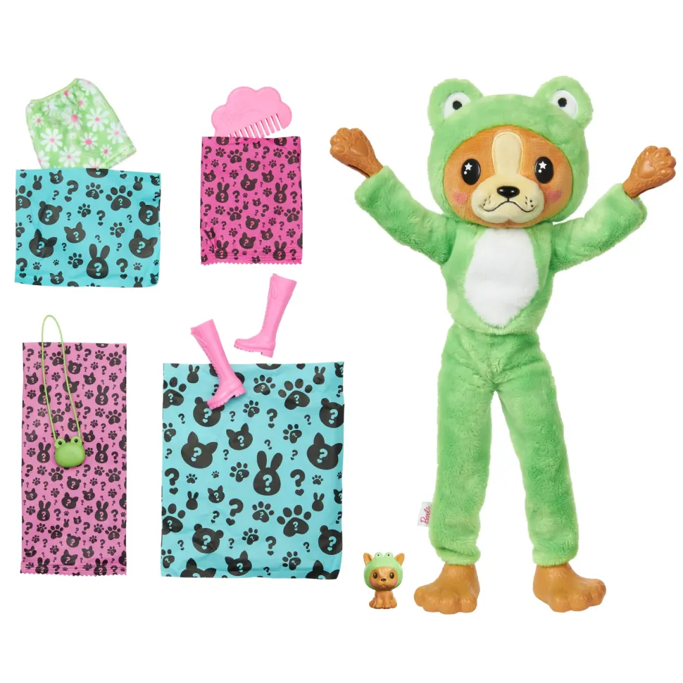 Barbie Cutie Reveal Bambola Con Costume Di Peluche Da Cagnolino-Rana E 10 Accessori A Sorpresa Cambia Colore, Serie Amici Cuccioli
