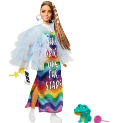 Barbie Extra Bambola Mora Con Capelli Lunghi E Giacca Blu, Cucciolo Di Coccodrillo, 3+ Anni