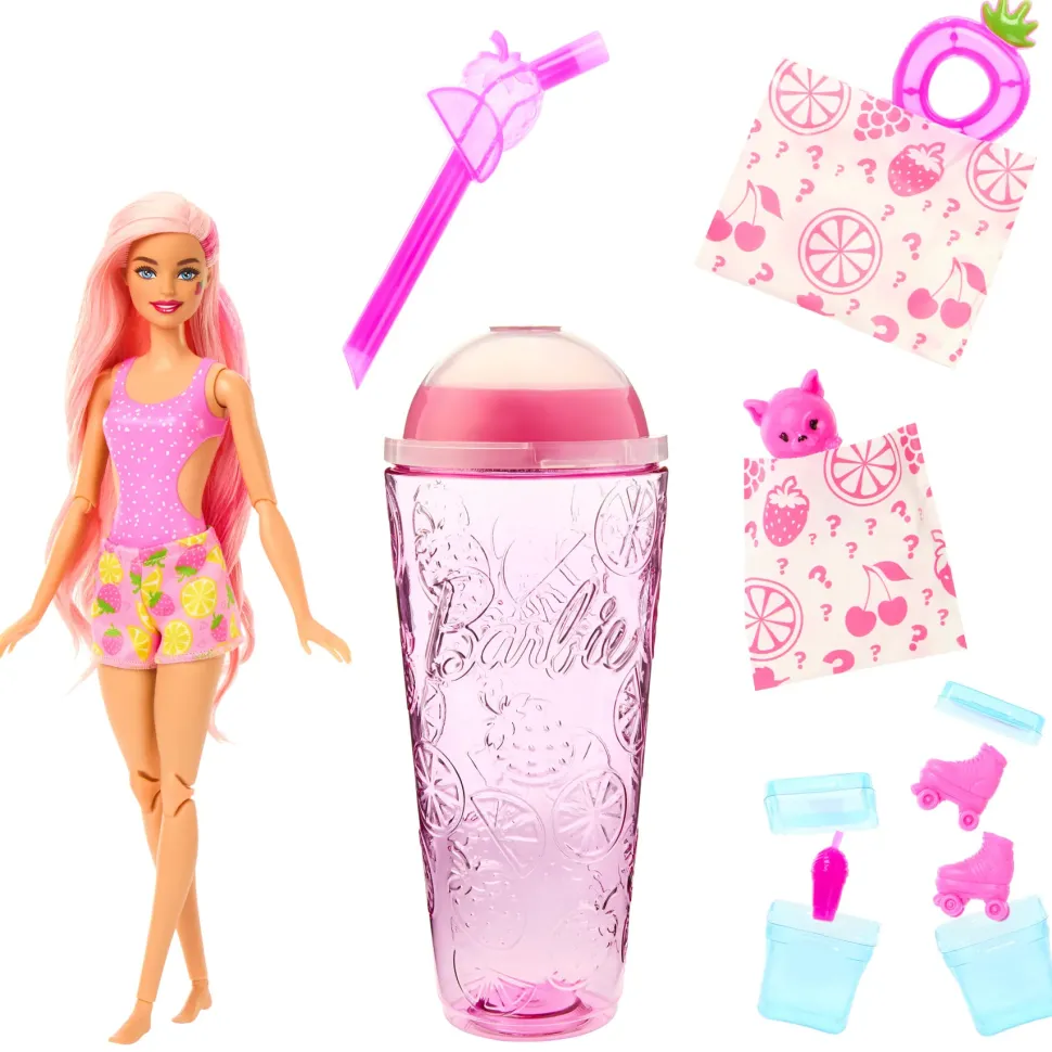 Barbie Pop! Reveal Serie Frutta Bambola, Tema Limonata Di Fragole Con 8 Sorprese Tra Cui Cucciolo E Accessori Slim
