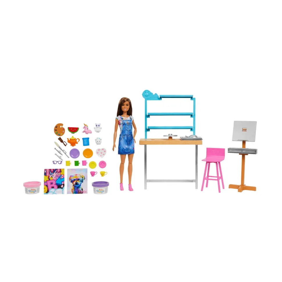 Barbie Studio D'Arte Creativita E Relax, Bambola Barbie, Oltre 25 Accessori Per Creare E Dipingere, Pasta Da Modellare, Stampi, Tele E Altro Ancora, Giocattolo Per Bambini Dai 3 Ai 7 Anni