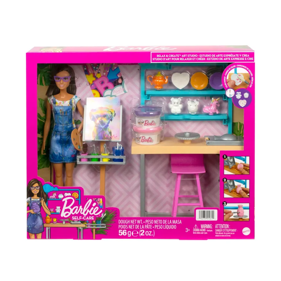 Barbie Studio D'Arte Creativita E Relax, Bambola Barbie, Oltre 25 Accessori Per Creare E Dipingere, Pasta Da Modellare, Stampi, Tele E Altro Ancora, Giocattolo Per Bambini Dai 3 Ai 7 Anni