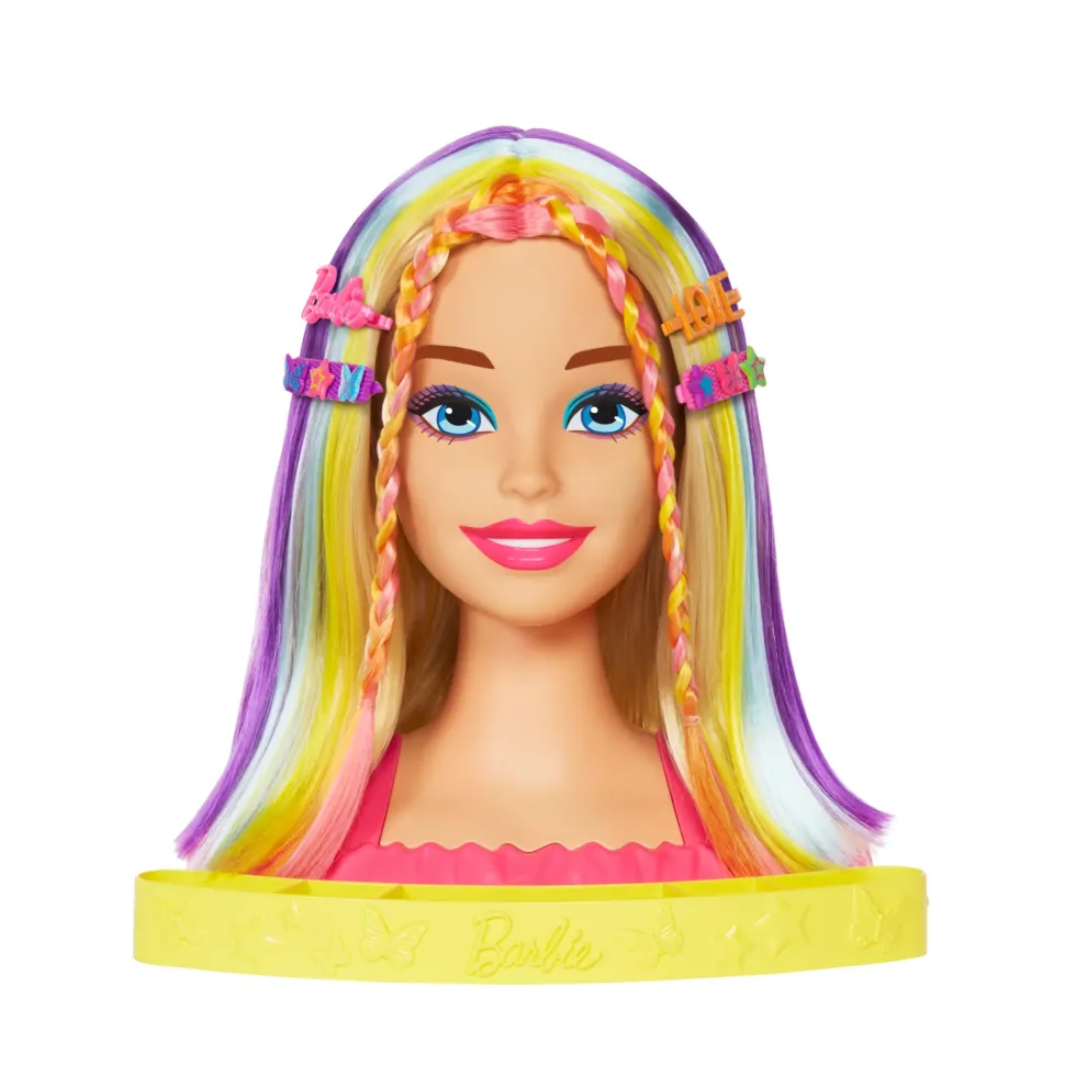 Barbie Super Chioma Hairstyle Capelli Arcobaleno, Testa Pettinabile Con Capelli Biondi E Ciocche Arcobaleno Fluo Da Acconciare, Con Accessori Color Reveal, 3+ Anni, Hmd78