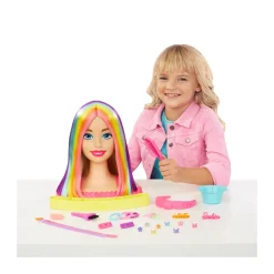 Barbie Super Chioma Hairstyle Capelli Arcobaleno, Testa Pettinabile Con Capelli Biondi E Ciocche Arcobaleno Fluo Da Acconciare, Con Accessori Color Reveal, 3+ Anni, Hmd78