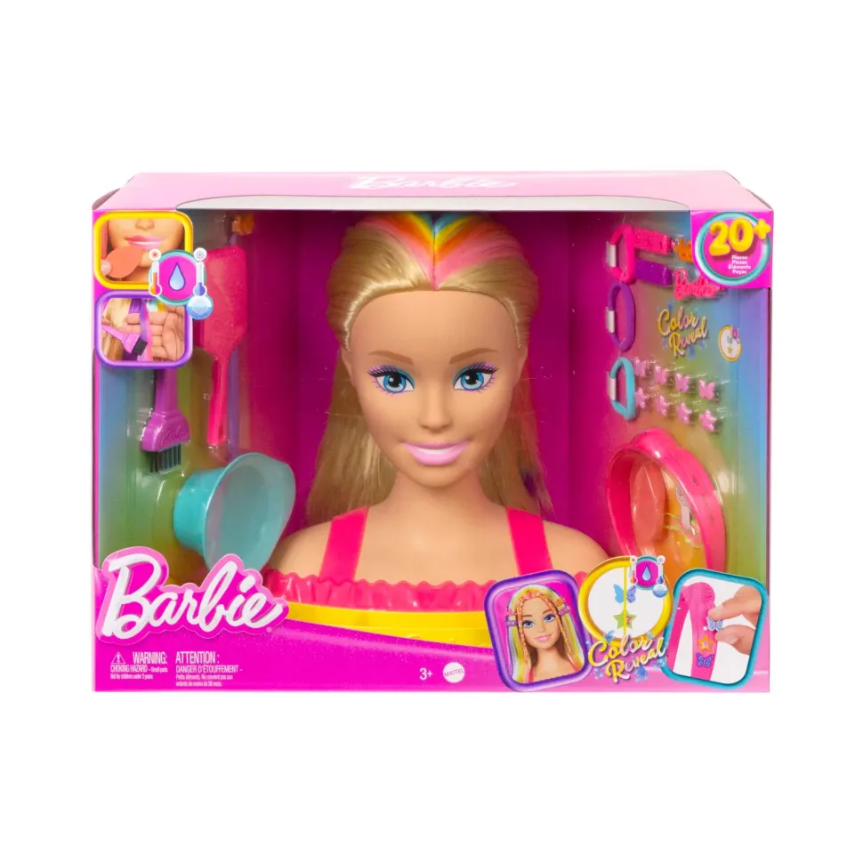 Barbie Super Chioma Hairstyle Capelli Arcobaleno, Testa Pettinabile Con Capelli Biondi E Ciocche Arcobaleno Fluo Da Acconciare, Con Accessori Color Reveal, 3+ Anni, Hmd78