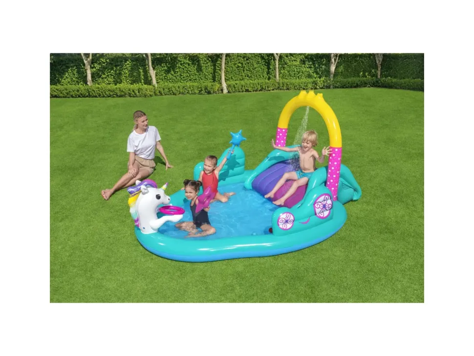 Bestway Play Center Magico Unicorno 274X198X137 Cm, Con Scivolo, Gioco Anelli E Bacchetta Magica