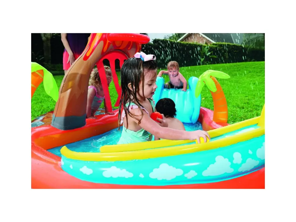 Bestway Play Center Vulcano 265X265X104 Cm Con Fondo Gonfiabile, Scivolo, Spruzzo, Gioco Con Anello E Palline