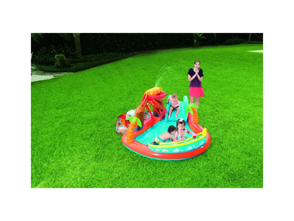 Bestway Play Center Vulcano 265X265X104 Cm Con Fondo Gonfiabile, Scivolo, Spruzzo, Gioco Con Anello E Palline