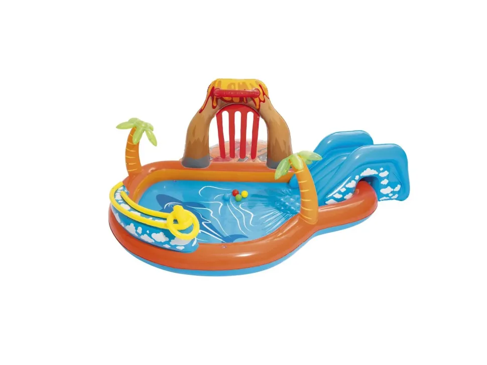 Bestway Play Center Vulcano 265X265X104 Cm Con Fondo Gonfiabile, Scivolo, Spruzzo, Gioco Con Anello E Palline