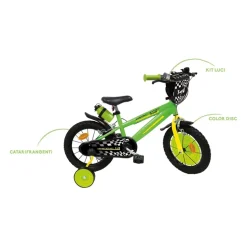 Bicicletta 14 Verde Bauletto, Cestello E Disco Colorato Nella Ruota Anteriore Inclusi Adatta Per Bambini Dai 5-7 Anni