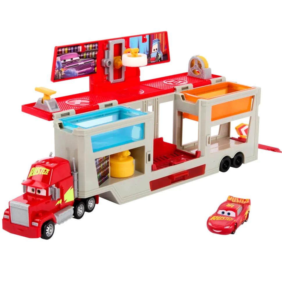 Cars Mack Officina Cambia Colore, Playset Con Truck E Saetta Mcqueen Trasformabili