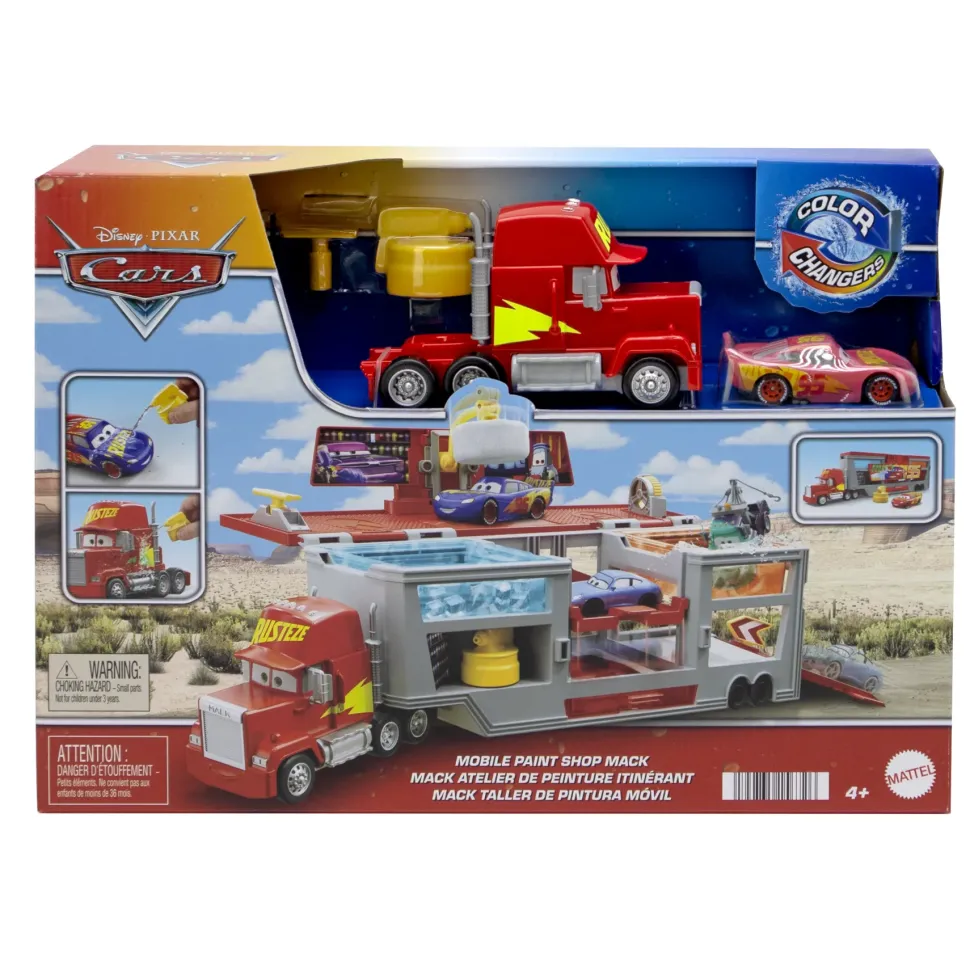 Cars Mack Officina Cambia Colore, Playset Con Truck E Saetta Mcqueen Trasformabili