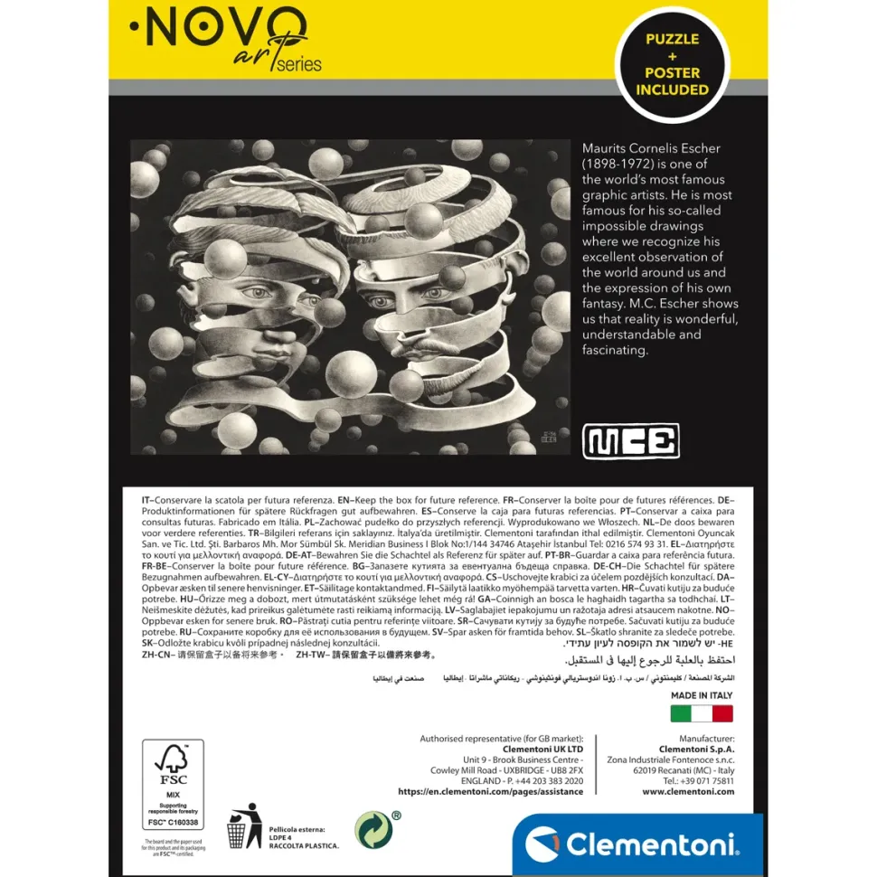 Clementoni Puzzle Novo Art Series M. C. Escher, "Bond Of Union" 1000 Pezzi, Puzzle Adulti