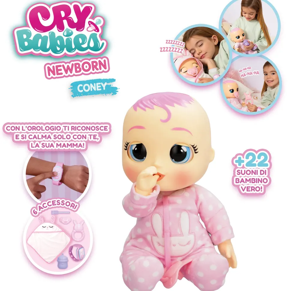 Cry Babies Newborn Coney, Bambola Interattiva Di Una Vera Neonata, Mangia, Piange E Si Calma E Ride Solo Con Te, Grazie Al Braccialetto Elettronico