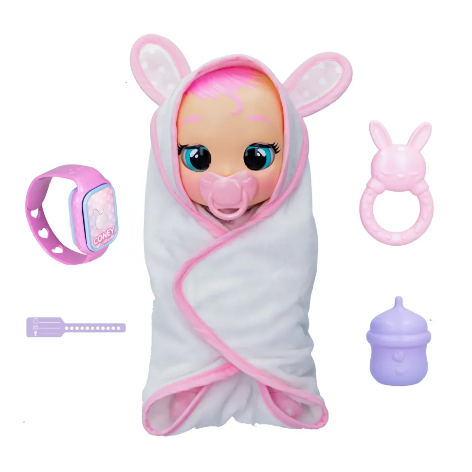 Cry Babies Newborn Coney, Bambola Interattiva Di Una Vera Neonata, Mangia, Piange E Si Calma E Ride Solo Con Te, Grazie Al Braccialetto Elettronico