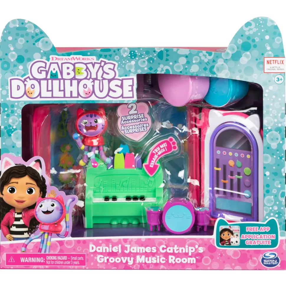 Gabby'S Dollhouse, Groovy Music Room Con Personaggio Daniel James Catnip, 2 Accessori, 2 Mobili E 2 Scatole Con Sorpresa, Giocattoli Per Bambini Dai 3 Anni In Su