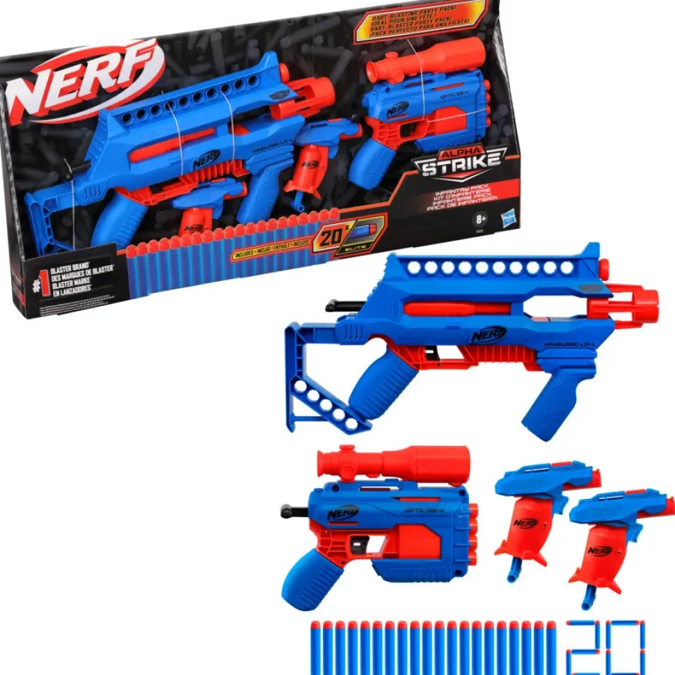 Hasbro Nerf Alpha Strike, Infantry Pack, Contiene 4 Blaster, 20 Dardi Originali Nerf Elite, Semplici Da Caricare, Armare E Lanciare