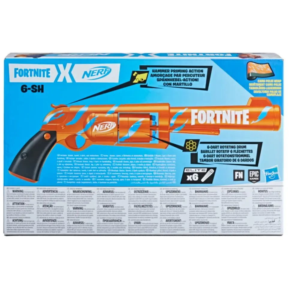 Hasbro Nerf Fortnite 6-Sh Blaster Con Caricamento Con Percussore, Caricatore A Tamburo Da 6 Dardi, Include 6 Dardi Nerf Elite
