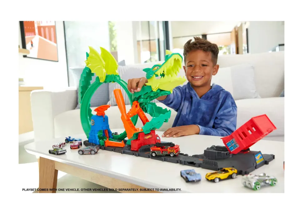 Hot Wheels-Dragone Di Fuoco Con 1 Veicolo Die-Cast Incluso E Stazione Dei Pompieri, Giocattolo Per Bambini 5+ Anni, Hdp03