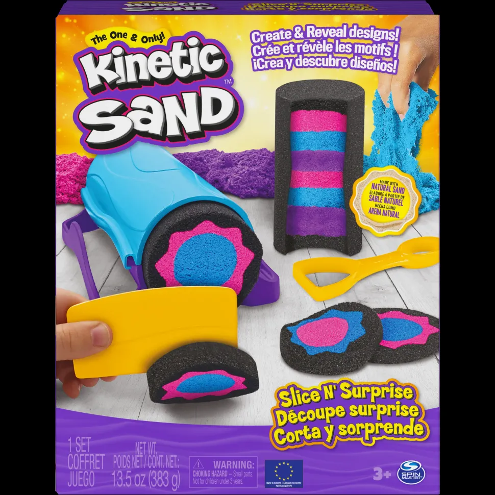 Kinetic Sand, Set Slice N' Surprise Con Sabbia Nera, Rosa E Blu E 7 Accessori