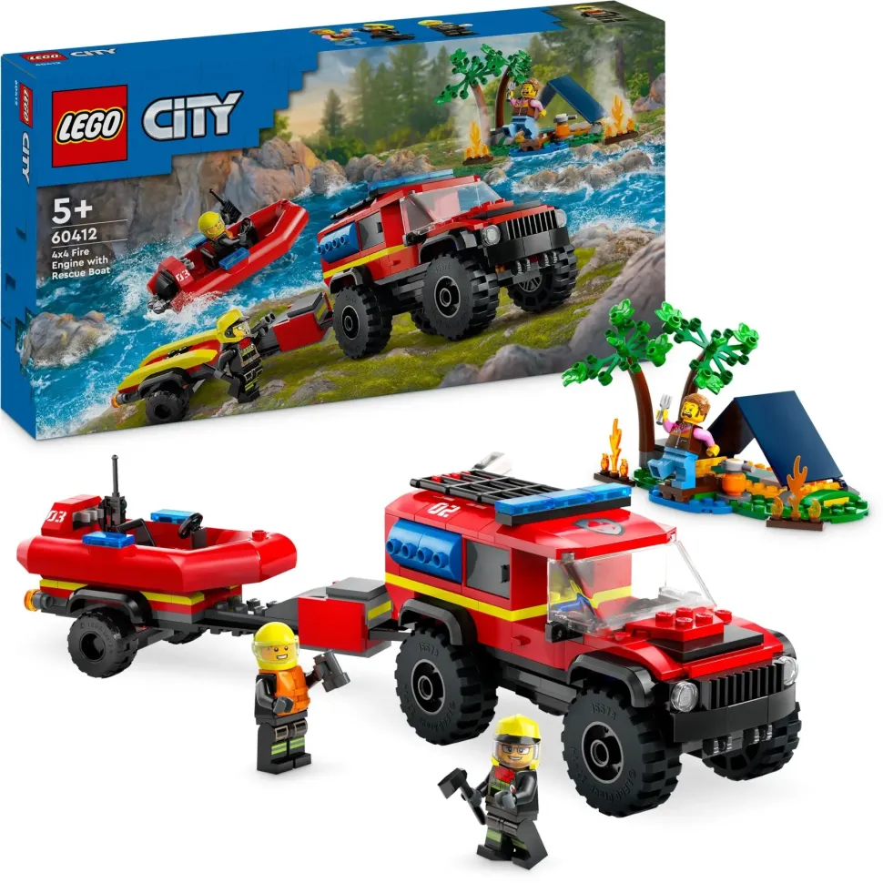 Lego City 60412 Fuoristrada Antincendio E Gommone Di Salvataggio, Camion Dei Pompieri Giocattolo, Giochi Per Bambini 5+ Anni