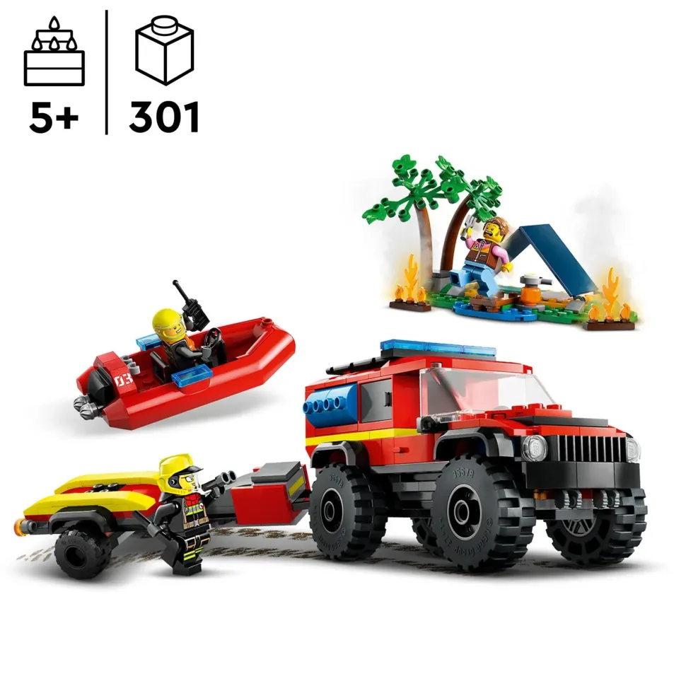 Lego City 60412 Fuoristrada Antincendio E Gommone Di Salvataggio, Camion Dei Pompieri Giocattolo, Giochi Per Bambini 5+ Anni