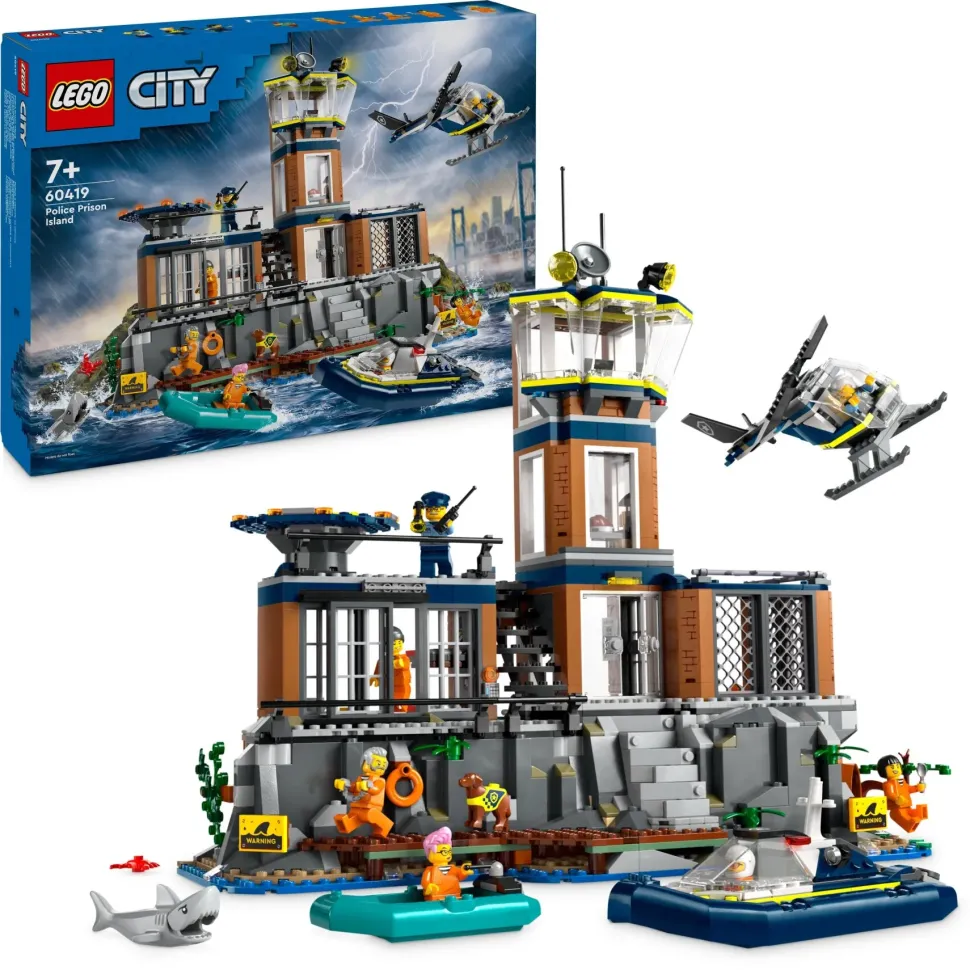Lego City 60419 Prigione Sull'Isola Della Polizia, Giocattolo Ricco Di Funzioni Con Elicottero, Barca, Gommone E 7 Minifigure
