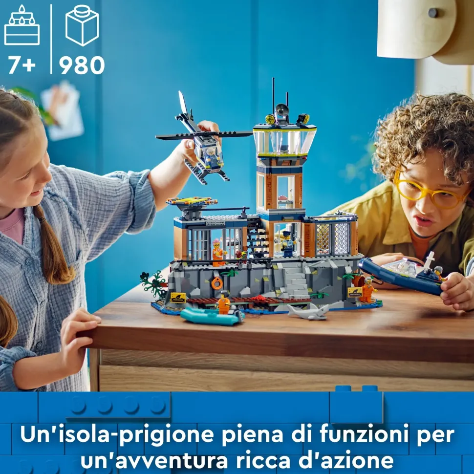 Lego City 60419 Prigione Sull'Isola Della Polizia, Giocattolo Ricco Di Funzioni Con Elicottero, Barca, Gommone E 7 Minifigure