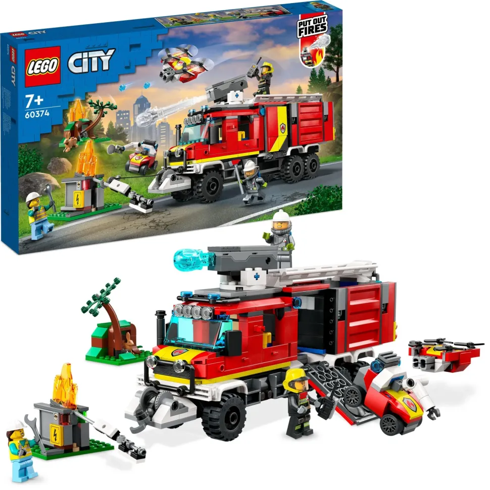 Lego City Fire 60374 Autopompa Dei Vigili Del Fuoco, Unita Di Comando Pompieri, Camion Giocattolo E Droni, Giochi Per Bambini
