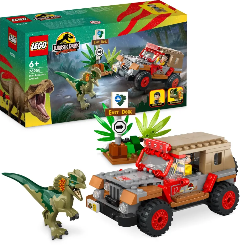 Lego Jurassic Park 76958 L'Agguato Del Dilofosauro, Dinosauro Giocattolo Per Bambini 6+ Con Jeep, Collezione 30° Anniversario