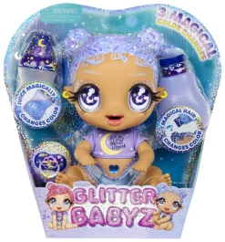 Mga'S Glitter Babyz Selena Stargazer Bambola Con 3 Cambi Di Colore, Capelli Viola Glitterati, Vestito Con Luna E Stelle, Accessori, Biberon E Ciuccio