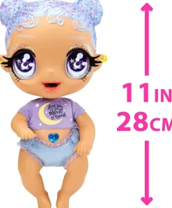 Mga'S Glitter Babyz Selena Stargazer Bambola Con 3 Cambi Di Colore, Capelli Viola Glitterati, Vestito Con Luna E Stelle, Accessori, Biberon E Ciuccio