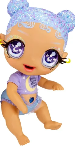 Mga'S Glitter Babyz Selena Stargazer Bambola Con 3 Cambi Di Colore, Capelli Viola Glitterati, Vestito Con Luna E Stelle, Accessori, Biberon E Ciuccio