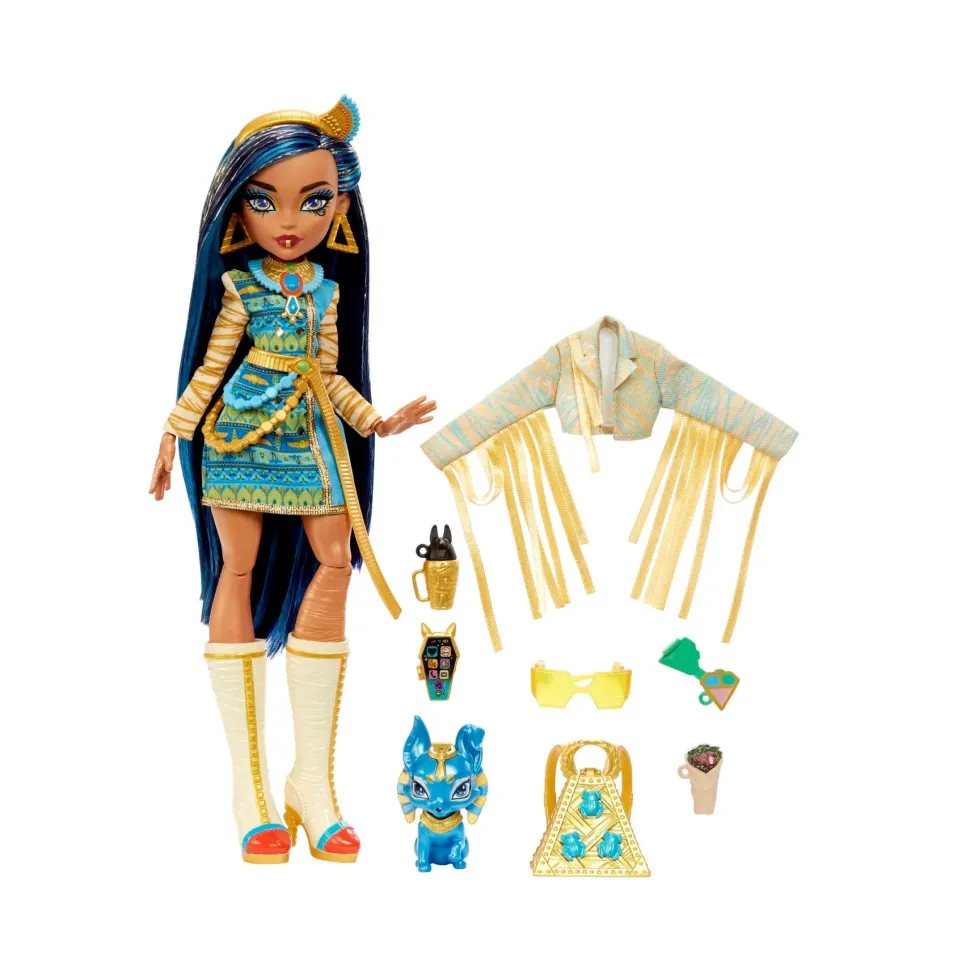Monster High Cleo De Nile, Bambola Snodata Alla Moda, Dai Capelli Con Ciocche Blu, Con Accessori E Cagnolino, Giocattolo Per Bambini, 4+ Anni, Hhk54
