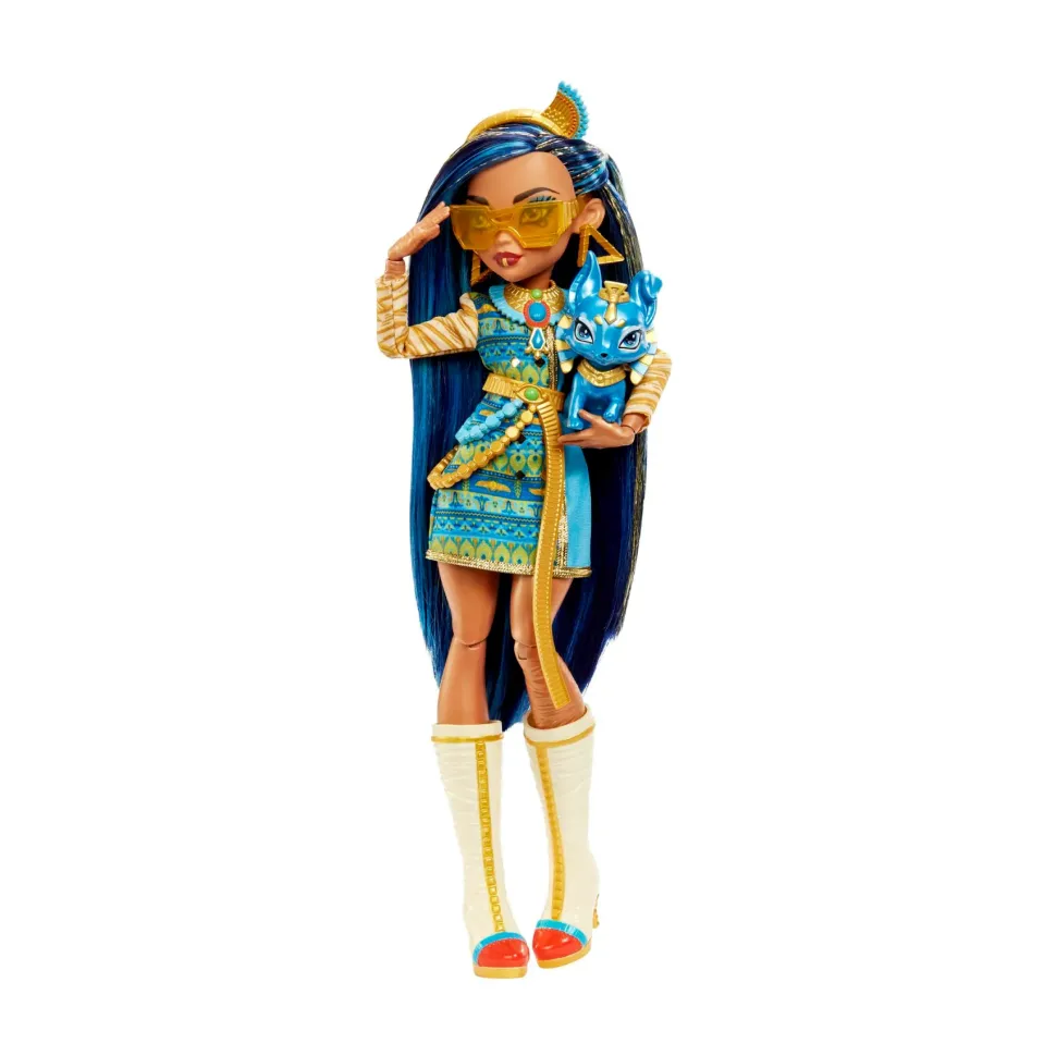 Monster High Cleo De Nile, Bambola Snodata Alla Moda, Dai Capelli Con Ciocche Blu, Con Accessori E Cagnolino, Giocattolo Per Bambini, 4+ Anni, Hhk54