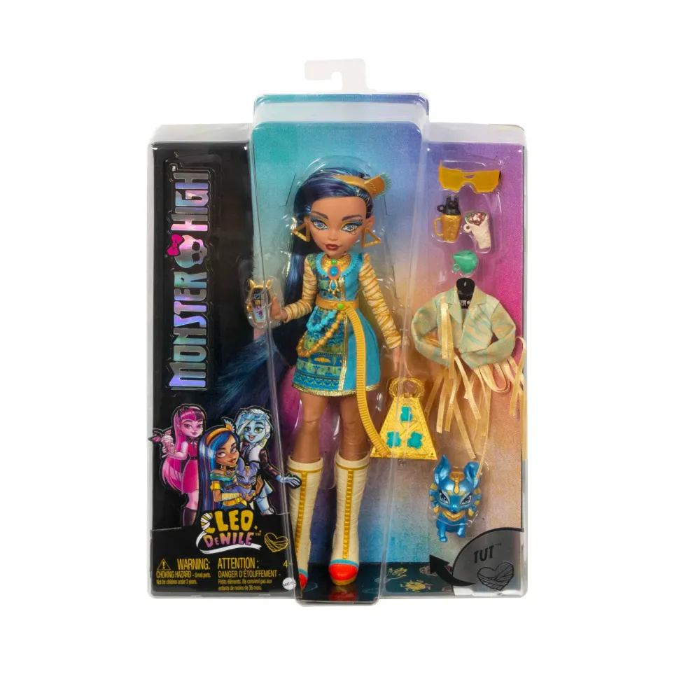 Monster High Cleo De Nile, Bambola Snodata Alla Moda, Dai Capelli Con Ciocche Blu, Con Accessori E Cagnolino, Giocattolo Per Bambini, 4+ Anni, Hhk54