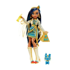 Monster High Cleo De Nile, Bambola Snodata Alla Moda, Dai Capelli Con Ciocche Blu, Con Accessori E Cagnolino, Giocattolo Per Bambini, 4+ Anni, Hhk54