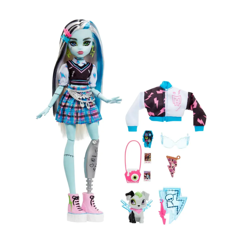 Monster High Frankie, Bambola Snodata Alla Moda, Dai Capelli Con Ciocche Blu E Nere, Con Accessori E Cucciolo, Giocattolo Per Bambini, 4+ Anni, Hhk53