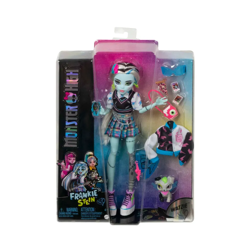 Monster High Frankie, Bambola Snodata Alla Moda, Dai Capelli Con Ciocche Blu E Nere, Con Accessori E Cucciolo, Giocattolo Per Bambini, 4+ Anni, Hhk53