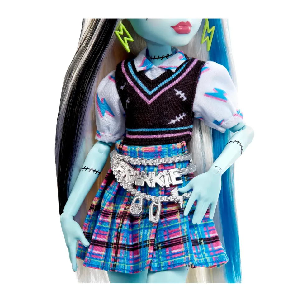 Monster High Frankie, Bambola Snodata Alla Moda, Dai Capelli Con Ciocche Blu E Nere, Con Accessori E Cucciolo, Giocattolo Per Bambini, 4+ Anni, Hhk53