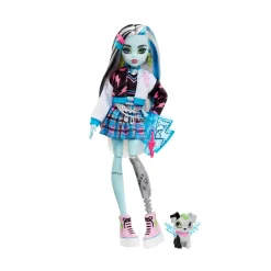 Monster High Frankie, Bambola Snodata Alla Moda, Dai Capelli Con Ciocche Blu E Nere, Con Accessori E Cucciolo, Giocattolo Per Bambini, 4+ Anni, Hhk53