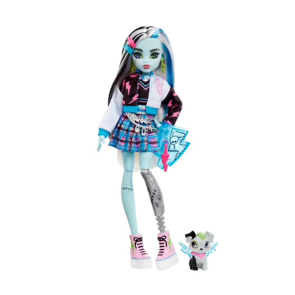Monster High Frankie, Bambola Snodata Alla Moda, Dai Capelli Con Ciocche Blu E Nere, Con Accessori E Cucciolo, Giocattolo Per Bambini, 4+ Anni, Hhk53