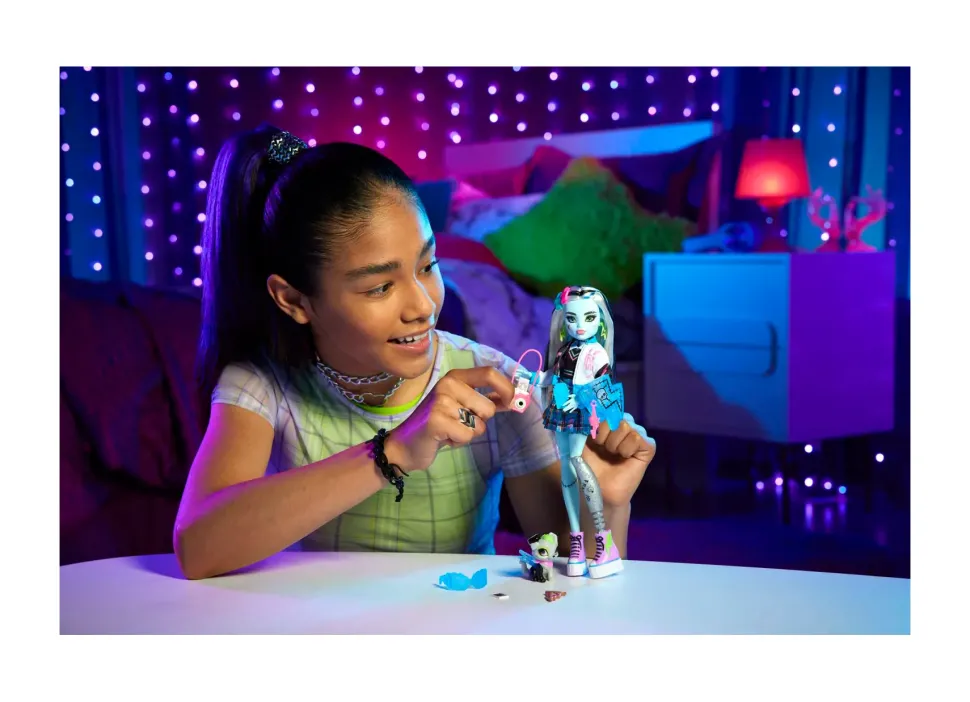 Monster High Frankie, Bambola Snodata Alla Moda, Dai Capelli Con Ciocche Blu E Nere, Con Accessori E Cucciolo, Giocattolo Per Bambini, 4+ Anni, Hhk53