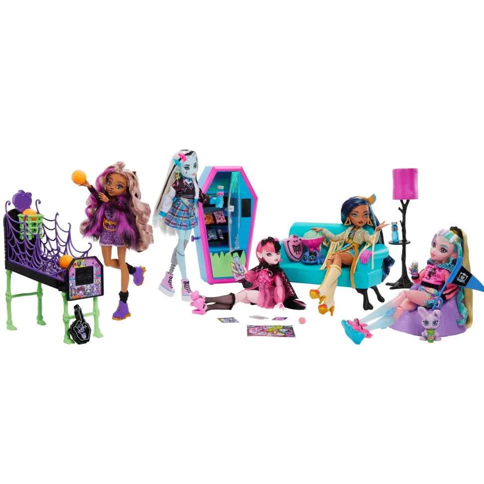 Monster High Playset Salone Degli Studenti Con Mobili, Accessori A Tema, 2 Animali Domestici E Distributore Automatico Funzionante