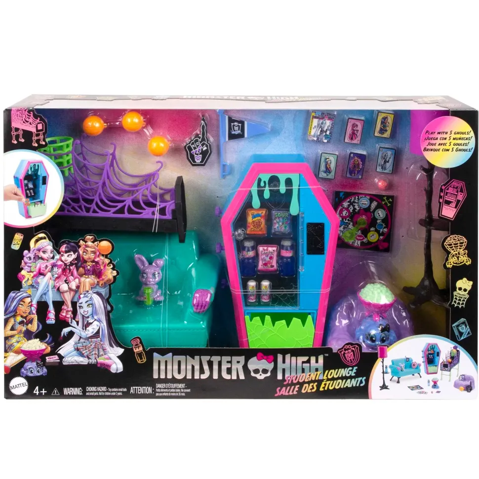 Monster High Playset Salone Degli Studenti Con Mobili, Accessori A Tema, 2 Animali Domestici E Distributore Automatico Funzionante