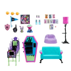 Monster High Playset Salone Degli Studenti Con Mobili, Accessori A Tema, 2 Animali Domestici E Distributore Automatico Funzionante