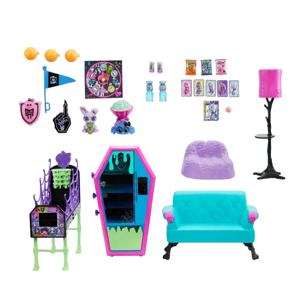 Monster High Playset Salone Degli Studenti Con Mobili, Accessori A Tema, 2 Animali Domestici E Distributore Automatico Funzionante