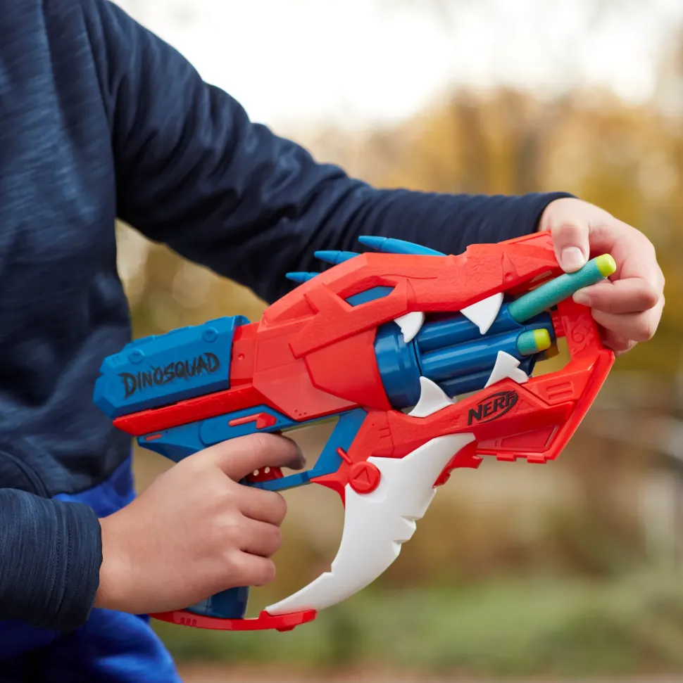 Nerf Dinosquad Blaster Lancia-Dardi Raptor-Slash, Con Tamburo Rotante Da 6 Dardi E Azione Raffica